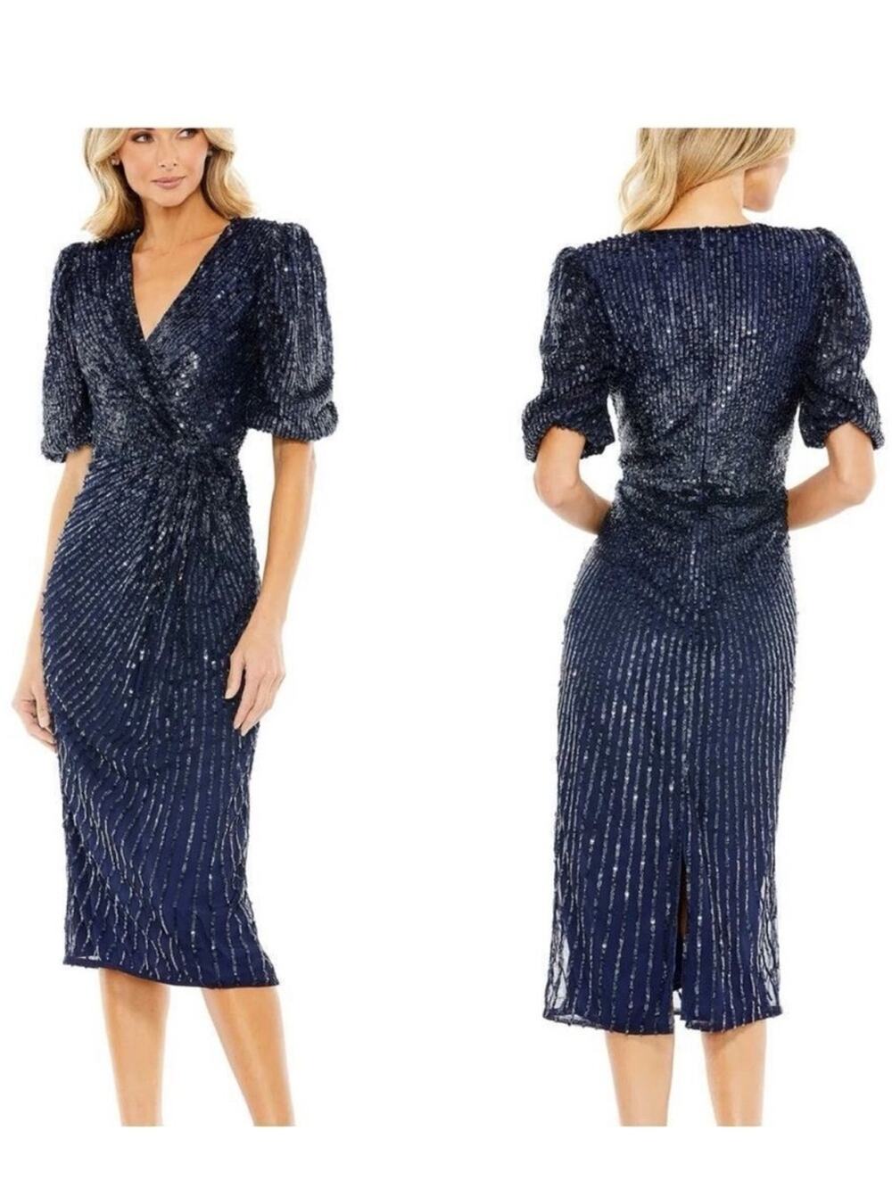 Mac Duggal Midnight Blue Sequin Wrap Bodycon Midi Dress, NEW, Size 6, MSRP $498